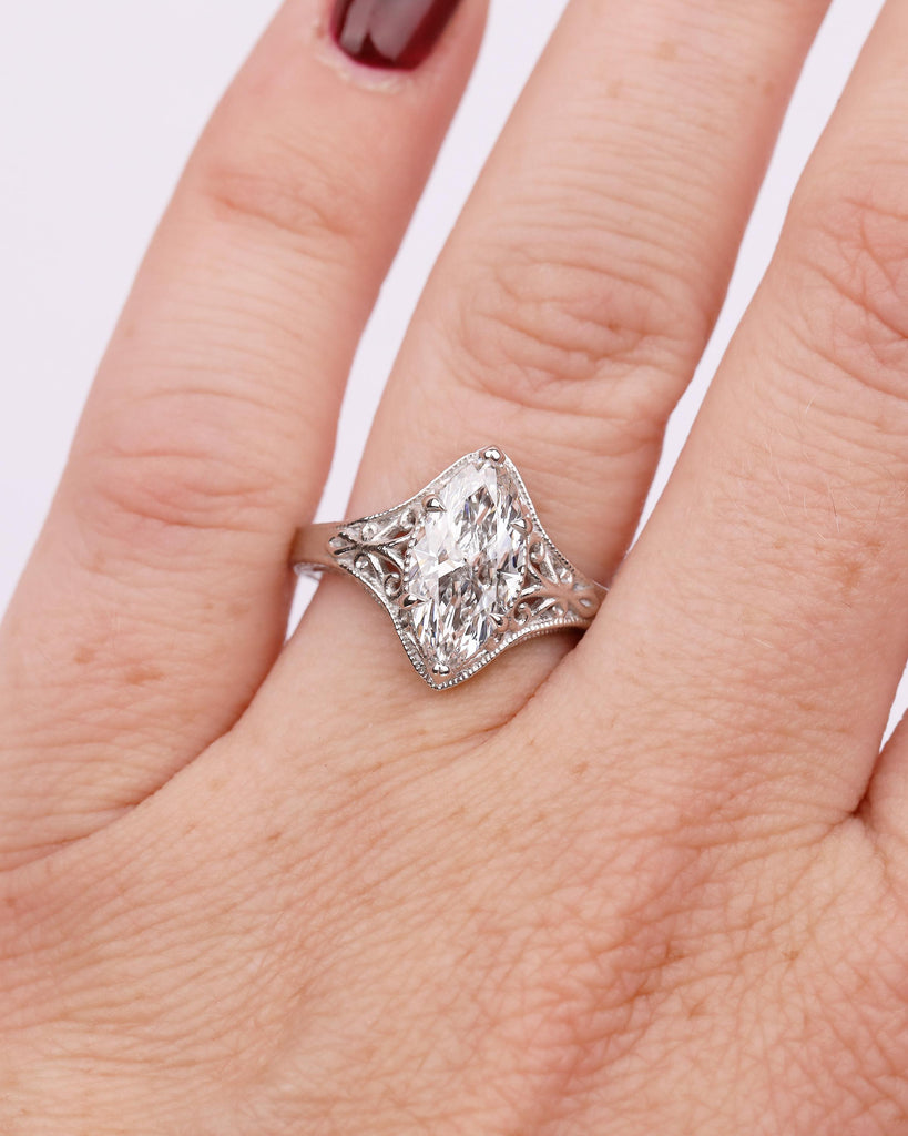 Antique Moissanite Ring, Marquise Engagement Ring, Milgrain Platinum Filigree Band image #16