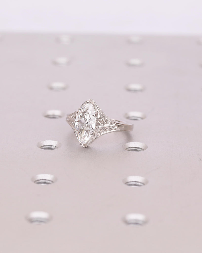 Marquise Moissanite Engagement Ring, Vintage Style Platinum Edwardian Rings for Women, Unique Art Deco Solitaire Ring, Antique Engraved Band image #2