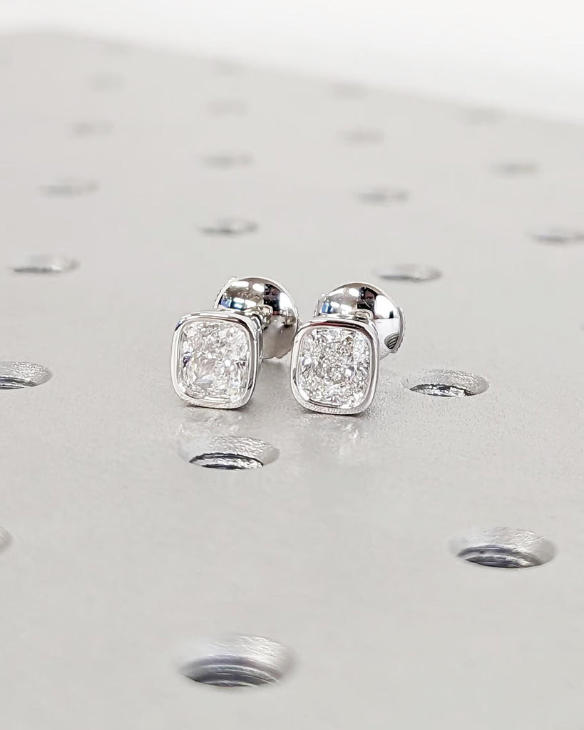 Cushion Cut Moissanite Stud Earrings, White Gold Earrings, Bezel Set Moissanite, La Pousette Alpha Backs, Minimalist Bridal Jewelry image #4