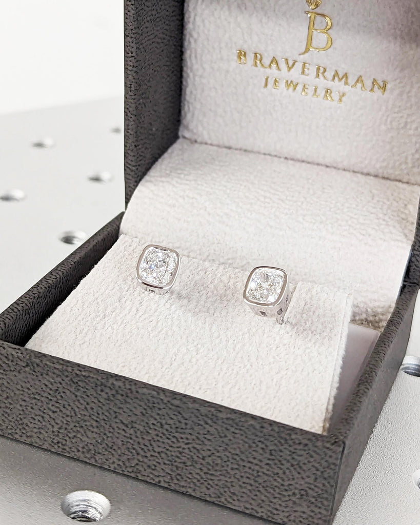 1CT Moissanite Stud Earrings: Cushion Cut Moissanite, Bezel Setting, 14k 18k Solid Gold, La Pousette or Alpha Backs, Classic Bridal Earrings image #6