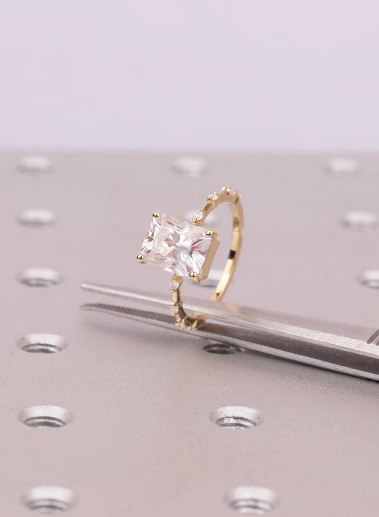 Dainty Lab Grown Radiant Cut Diamond Engagement Ring: 18K Yellow Gold, VVS Clarity, Prong Setting, Diamond Side Stone, Modern Bridal Style image #11