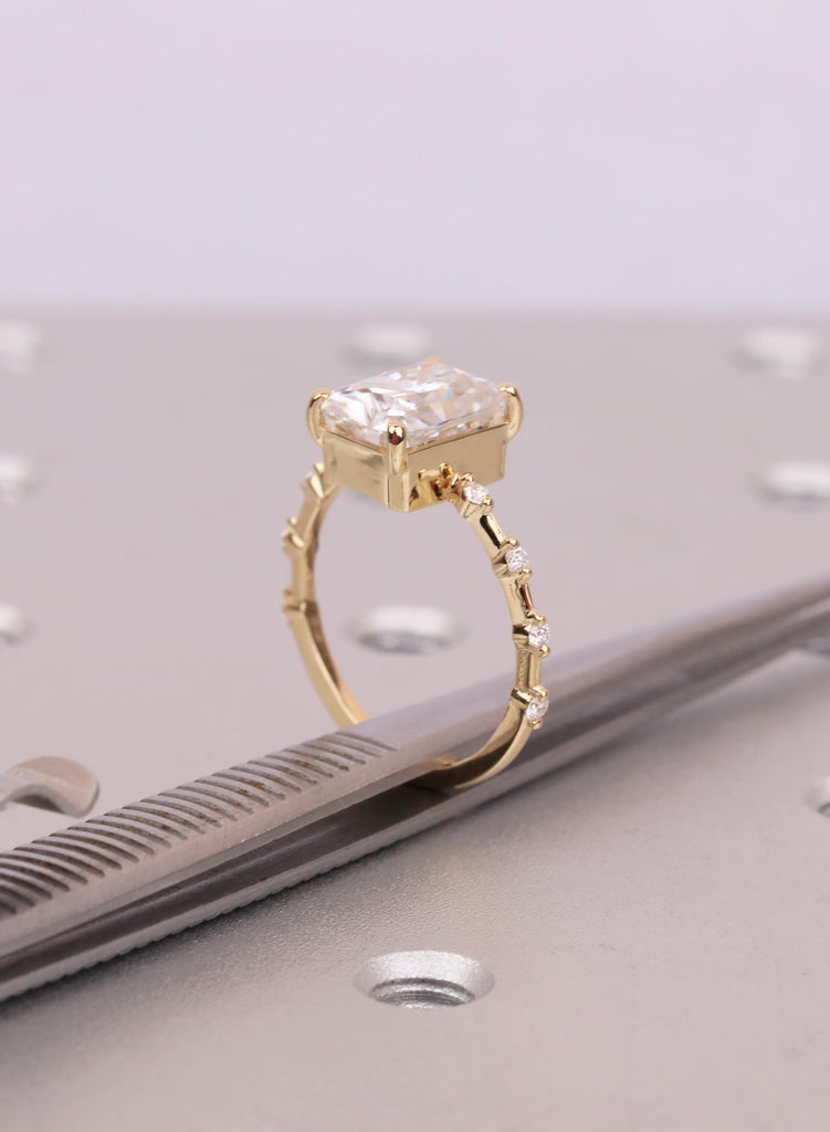Dainty Lab Grown Radiant Cut Diamond Engagement Ring: 18K Yellow Gold, VVS Clarity, Prong Setting, Diamond Side Stone, Modern Bridal Style image #16