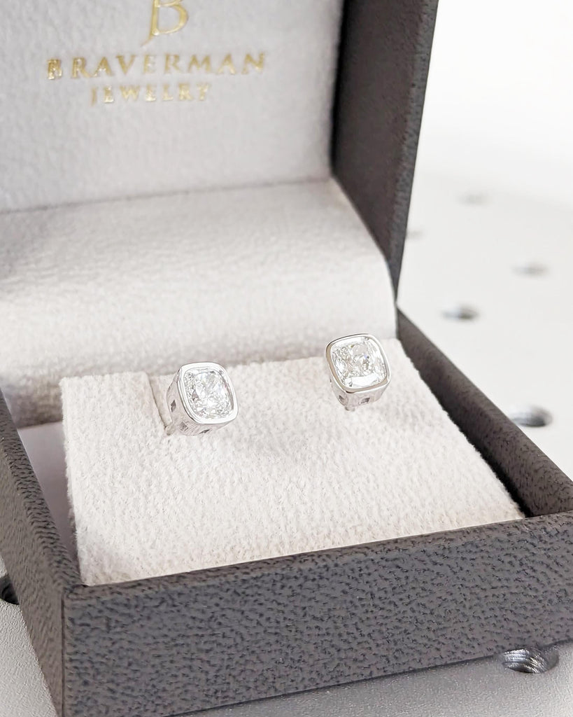 1CT Moissanite Stud Earrings: Cushion Cut Moissanite, Bezel Setting, 14k 18k Solid Gold, La Pousette or Alpha Backs, Classic Bridal Earrings