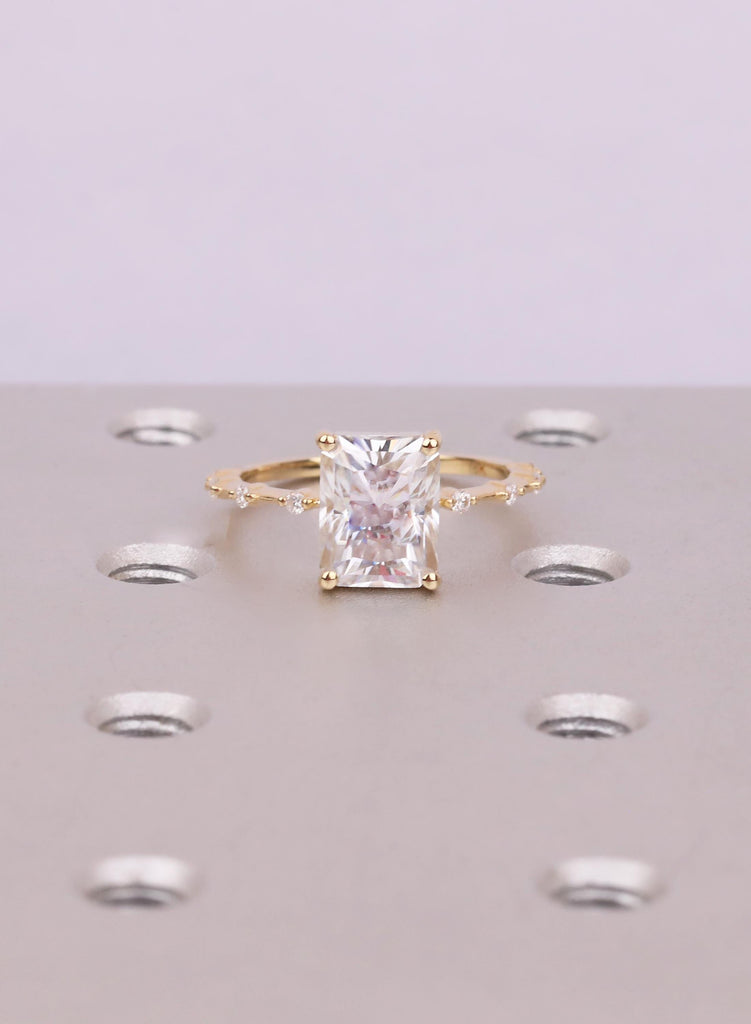 Radian cut Moissanite Engagement Ring, 18K Yellow Gold, Diamond Side Stone, Dainty Minimalist Solid Gold Wedding Anniversary Gift For Her