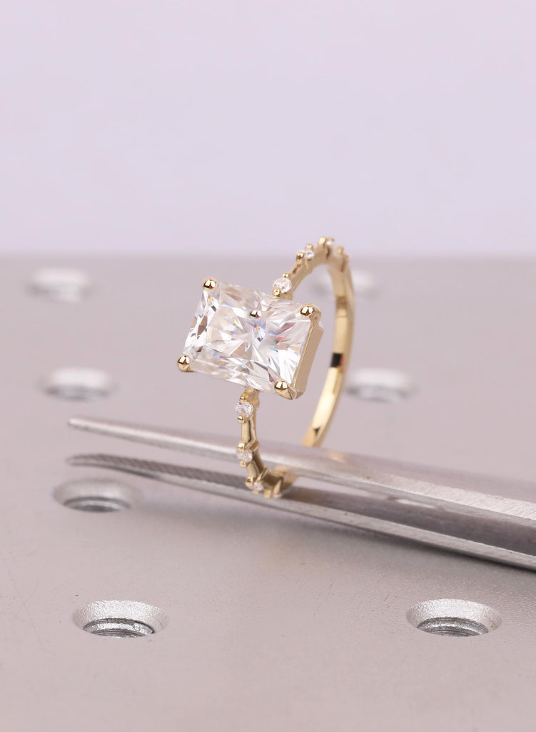 Dainty Lab Grown Radiant Cut Diamond Engagement Ring: 18K Yellow Gold, VVS Clarity, Prong Setting, Diamond Side Stone, Modern Bridal Style