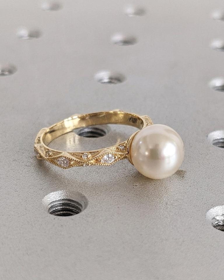 Vintage Akoya Pearl Engagement Ring, Art Deco 14k Yellow Gold Promise Ring for Her, Wedding Anniversary Rings for Women, Bridal Jewelry image #3