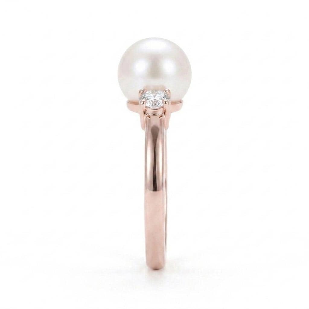 Dainty Pearl Ring, 14k Rose Gold Engagement Ring, Akoya Pearl Diamond Rings for Women, Anniversary Jewelry, Unique Three Stone Gemstone Ring image #3