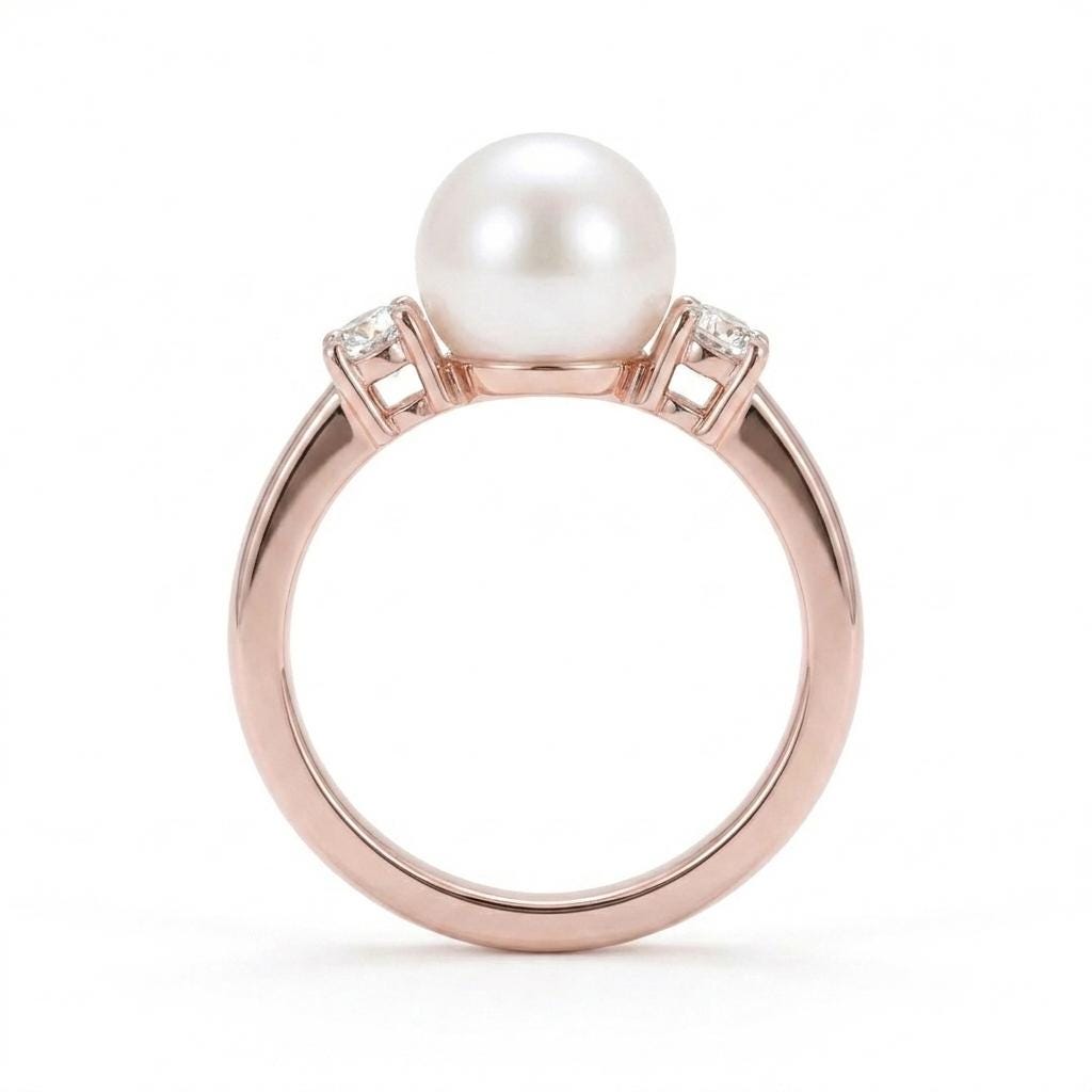 Dainty Pearl Ring, 14k Rose Gold Engagement Ring, Akoya Pearl Diamond Rings for Women, Anniversary Jewelry, Unique Three Stone Gemstone Ring image #4