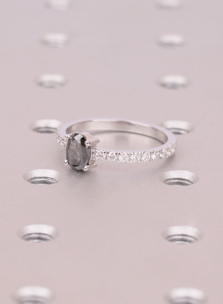 Oval Salt and Pepper Diamond Engagement Ring, 14K Gold, 1920's Vintage Raw Salt and Pepper Diamond Promise Ring, One-of-a-kind image #8