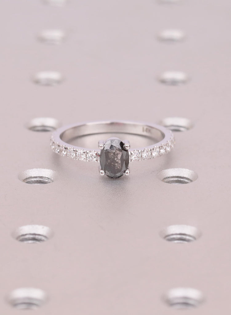 Oval Salt and Pepper Diamond Engagement Ring, 14K Gold, 1920's Vintage Raw Salt and Pepper Diamond Promise Ring, One-of-a-kind image #3