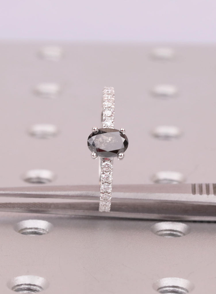 Oval Salt and Pepper Diamond Engagement Ring, 14K Gold, 1920's Vintage Raw Salt and Pepper Diamond Promise Ring, One-of-a-kind image #11
