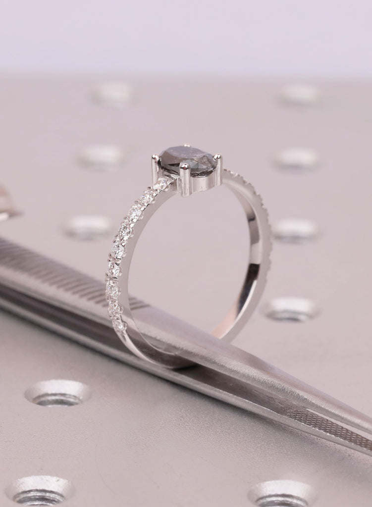 Oval Salt and Pepper Diamond Engagement Ring, 14K Gold, 1920's Vintage Raw Salt and Pepper Diamond Promise Ring, One-of-a-kind image #13