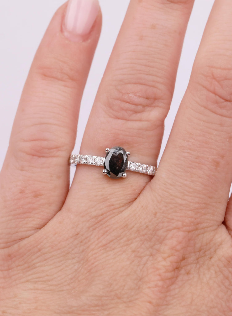 Oval Salt and Pepper Diamond Engagement Ring, 14K Gold, 1920's Vintage Raw Salt and Pepper Diamond Promise Ring, One-of-a-kind