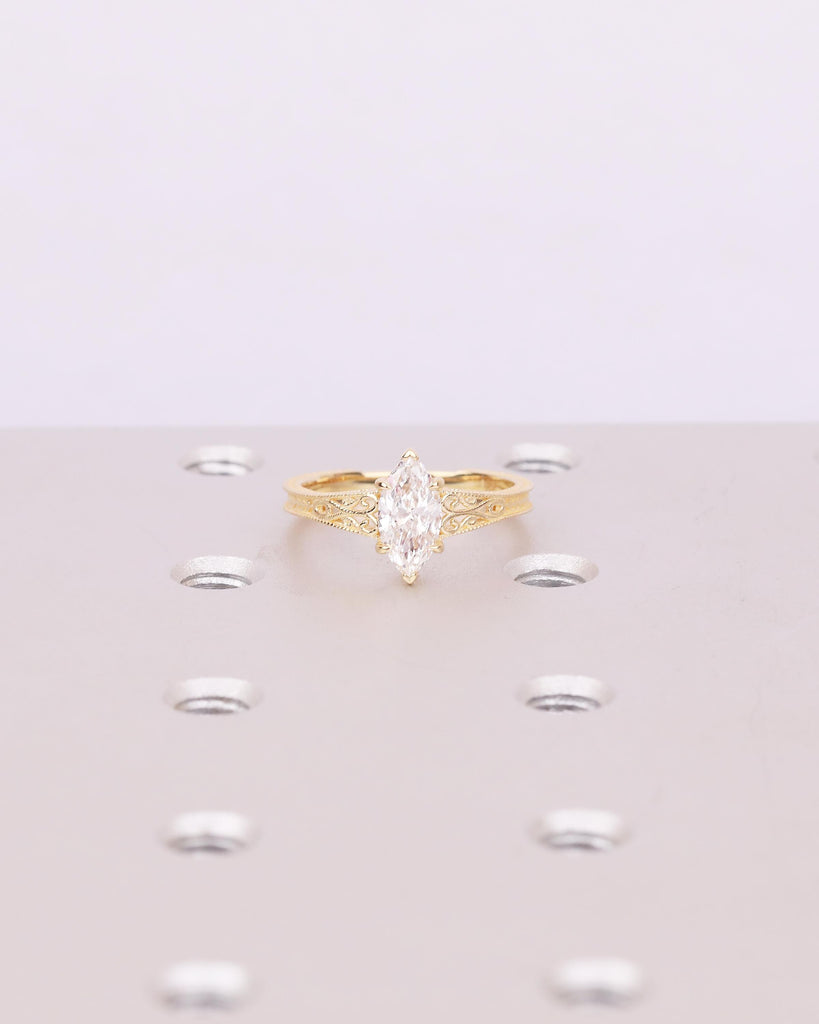 Lab Grown Diamond Marquise Ring, Heirloom Engagement Ring, Antique Yellow Gold Wedding Anniversary Rings, Unique Milgrain Handmade Jewelry image #16
