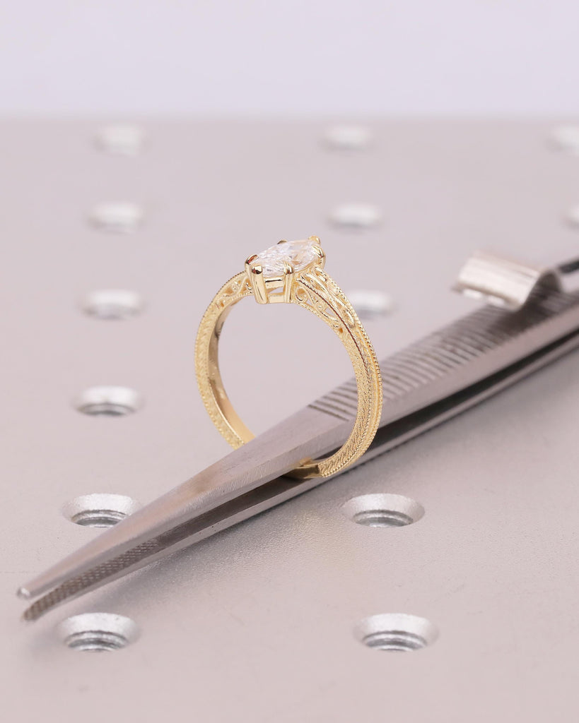 Lab Grown Diamond Marquise Ring, Heirloom Engagement Ring, Antique Yellow Gold Wedding Anniversary Rings, Unique Milgrain Handmade Jewelry image #5