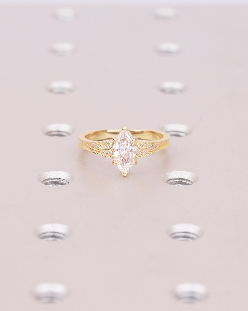 Lab Grown Diamond Marquise Ring, Heirloom Engagement Ring, Antique Yellow Gold Wedding Anniversary Rings, Unique Milgrain Handmade Jewelry image #13