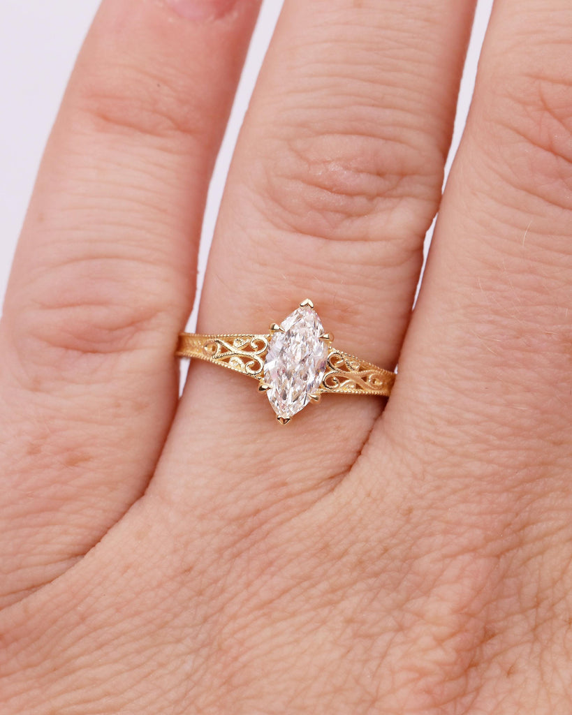 Lab Grown Diamond Marquise Ring, Heirloom Engagement Ring, Antique Yellow Gold Wedding Anniversary Rings, Unique Milgrain Handmade Jewelry image #14