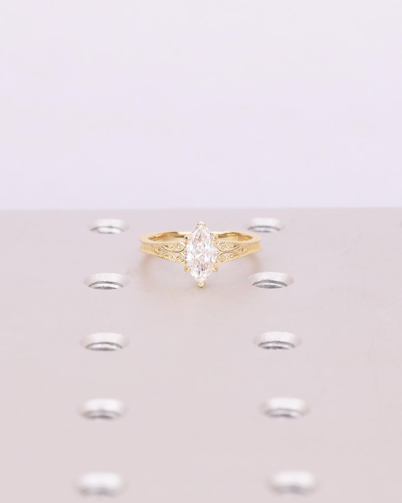 Vintage Moissanite Engagement Ring, 18k Yellow Gold Filigree Ring, Antique Style Marquise Ring, Promise Rings for Women, Heirloom Jewelry image #13
