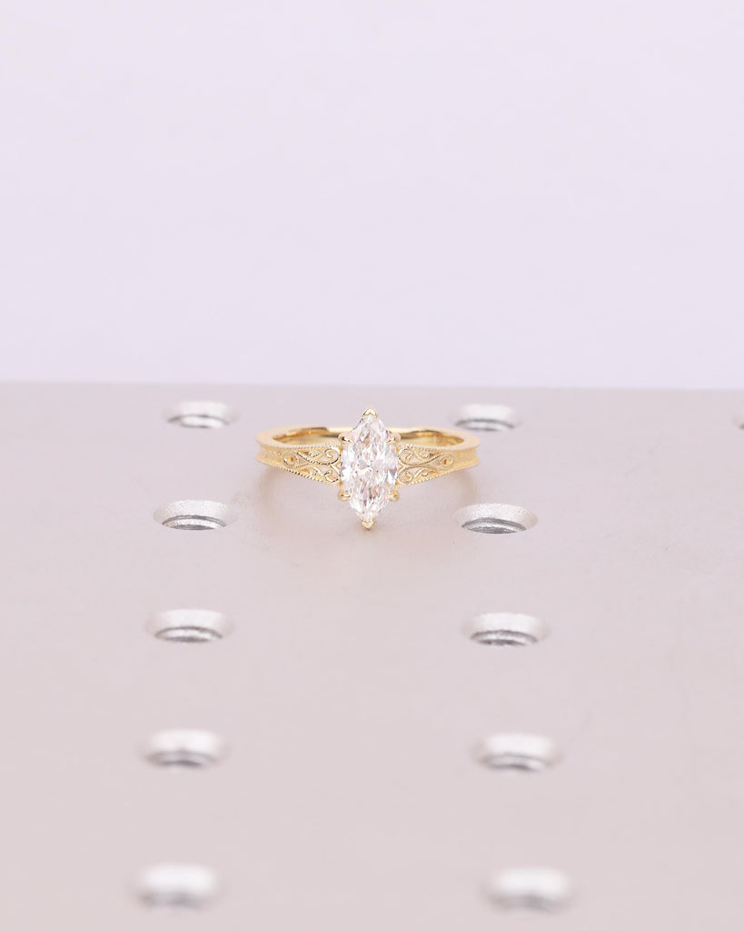 Vintage Moissanite Engagement Ring, 18k Yellow Gold Filigree Ring, Antique Style Marquise Ring, Promise Rings for Women, Heirloom Jewelry image #17