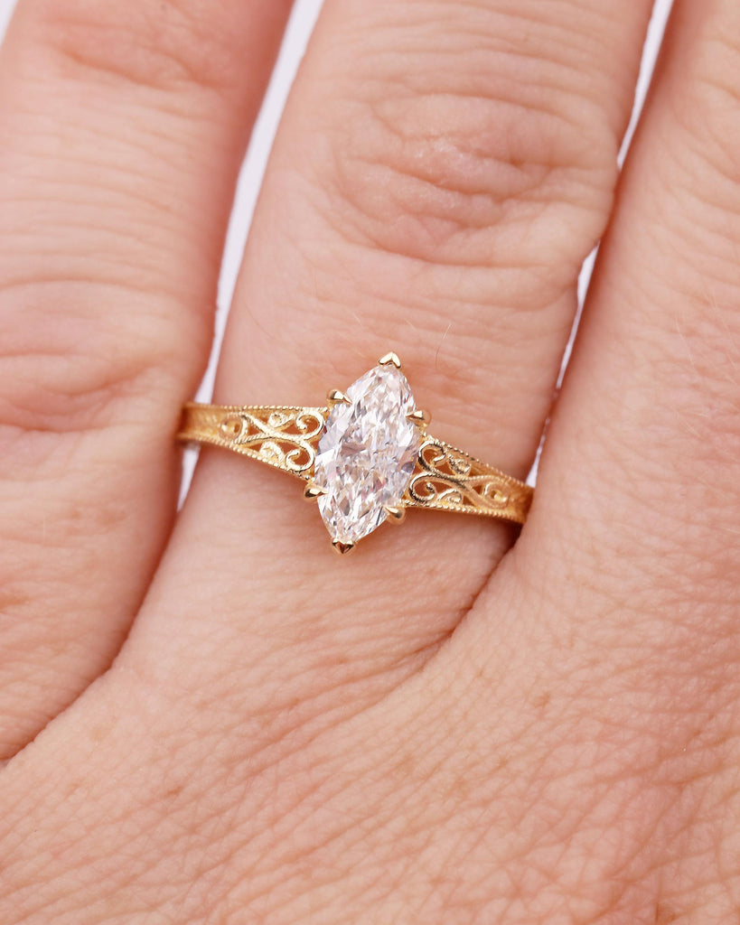 Vintage Moissanite Engagement Ring, 18k Yellow Gold Filigree Ring, Antique Style Marquise Ring, Promise Rings for Women, Heirloom Jewelry image #11