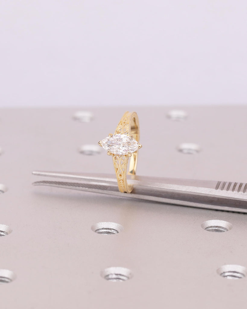 Vintage Moissanite Engagement Ring, 18k Yellow Gold Filigree Ring, Antique Style Marquise Ring, Promise Rings for Women, Heirloom Jewelry image #8