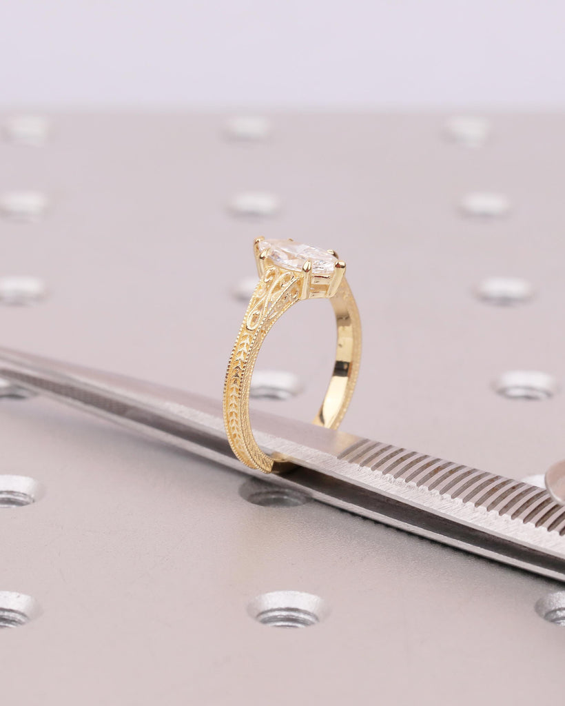 Vintage Moissanite Engagement Ring, 18k Yellow Gold Filigree Ring, Antique Style Marquise Ring, Promise Rings for Women, Heirloom Jewelry image #19