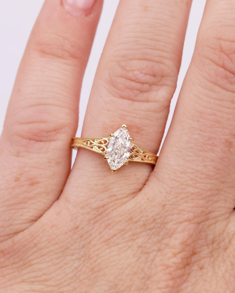 18k Solid Gold Marquise Moissanite Ring, Art Deco Victorian Ring, Leaf Motif Engraved Band