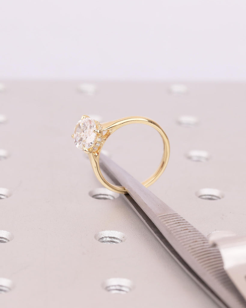 Oval IGI Certified Lab Diamond Ring, 2 Carat Solitaire Engagement Ring, Unique Handmade Jewelry, Minimalist 14k/18k Gold Hidden Halo Rings image #20