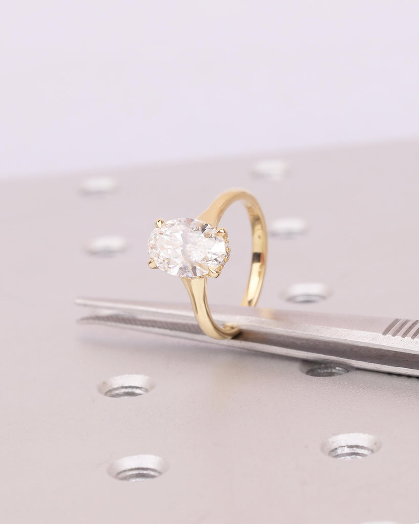 Oval IGI Certified Lab Diamond Ring, 2 Carat Solitaire Engagement Ring, Unique Handmade Jewelry, Minimalist 14k/18k Gold Hidden Halo Rings image #18
