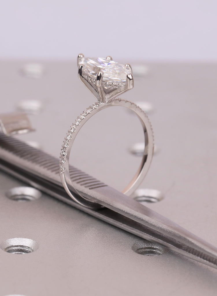 Marquise cut Lab Grown Diamond 14K Gold Ring, Art Deco Engagement Ring, Dainty Hidden Halo Diamond, Solid Gold / Platinum Half Eternity Band image #12