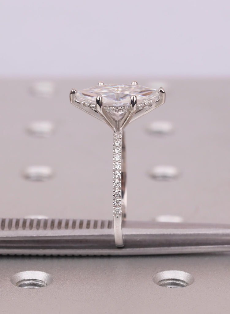 Classic 6 prong Marquise cut Lab Grown Diamond Engagement Ring, 14K Gold Hidden Halo Pave Diamond Band image #13