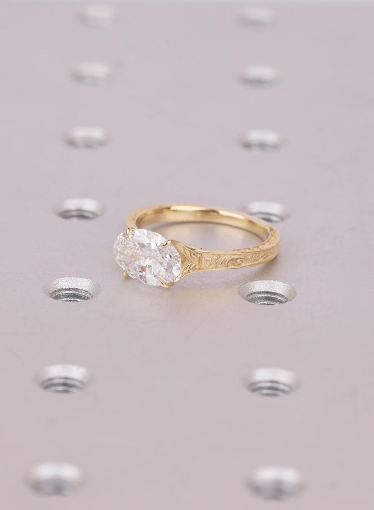 2 Carat Oval Cut Conflict Free Diamond Ring | Solitaire Lab Grown Diamond | 18K Yellow Gold Engagement Ring | Dainty Engraved Ring For Women image #7