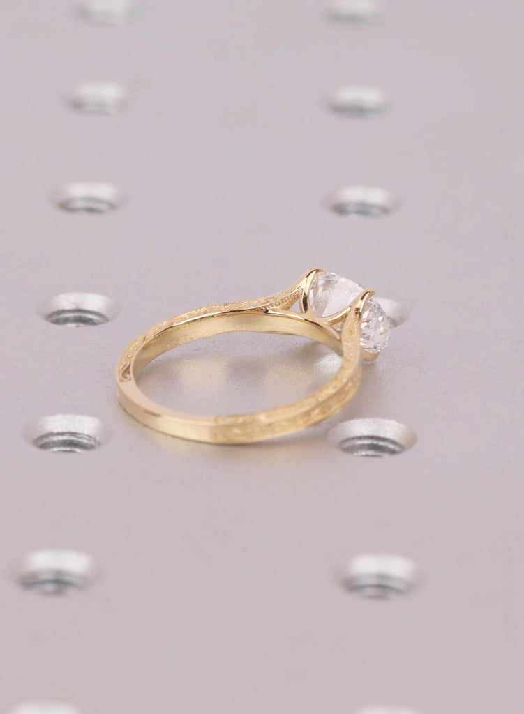 Vintage East West Oval Lab Diamond Engagement Ring, 18K Gold Custom Filigree Engraved Band, Claw Prong Wedding Ring image #4