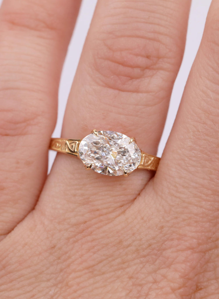 Vintage East West Oval Lab Diamond Engagement Ring, 18K Gold Custom Filigree Engraved Band, Claw Prong Wedding Ring image #2
