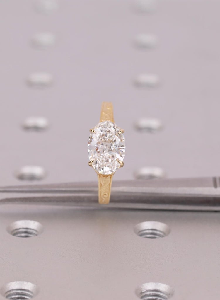 Vintage East West Oval Lab Diamond Engagement Ring, 18K Gold Custom Filigree Engraved Band, Claw Prong Wedding Ring image #8