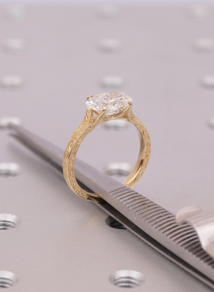 Vintage East West Oval Lab Diamond Engagement Ring, 18K Gold Custom Filigree Engraved Band, Claw Prong Wedding Ring image #11