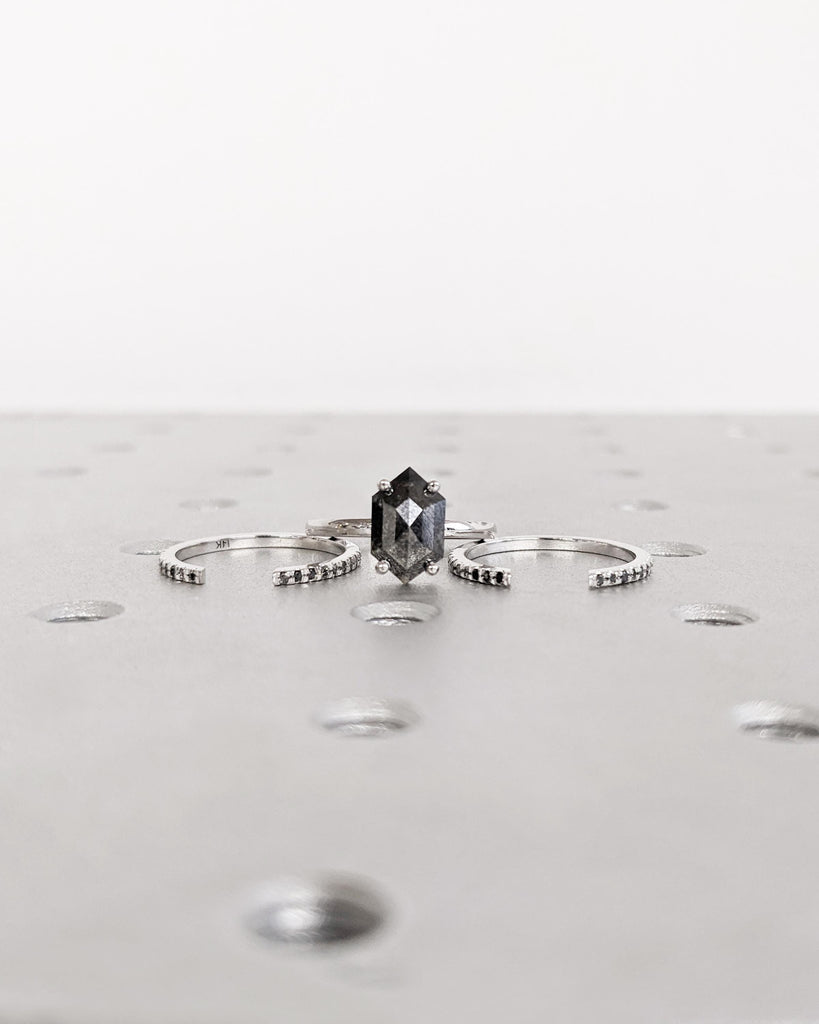 Vintage Hexagon Salt and Pepper Diamond Bridal Set | Art Deco Engagement Ring Set | Open Diamond Wedding Bands | 3 Ring Set | 14K Solid Gold image #3