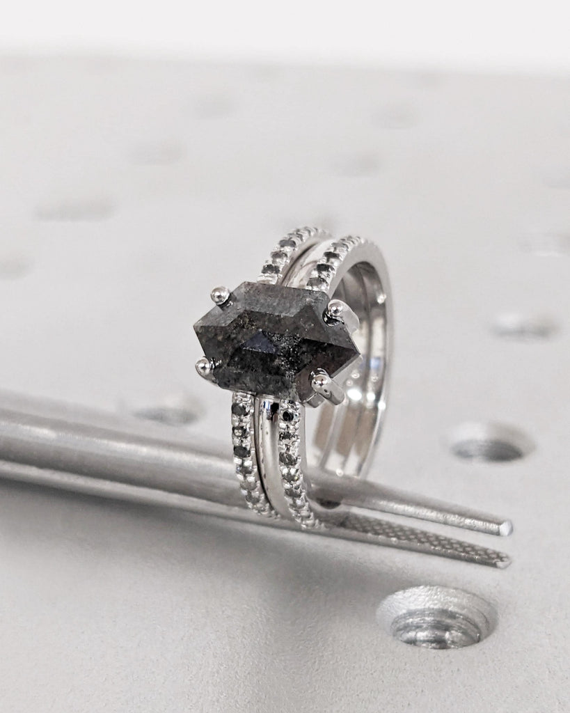 Vintage Hexagon Salt and Pepper Diamond Bridal Set | Art Deco Engagement Ring Set | Open Diamond Wedding Bands | 3 Ring Set | 14K Solid Gold image #1