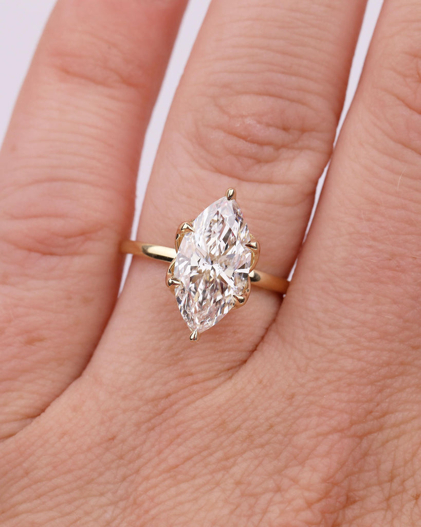 14k Yellow Gold Solitaire Engagement Ring, Dainty Lab Grown Diamond Marquise Ring, Basket Setting Tulip Rings, Nature Jewelry, Promise Ring image #2