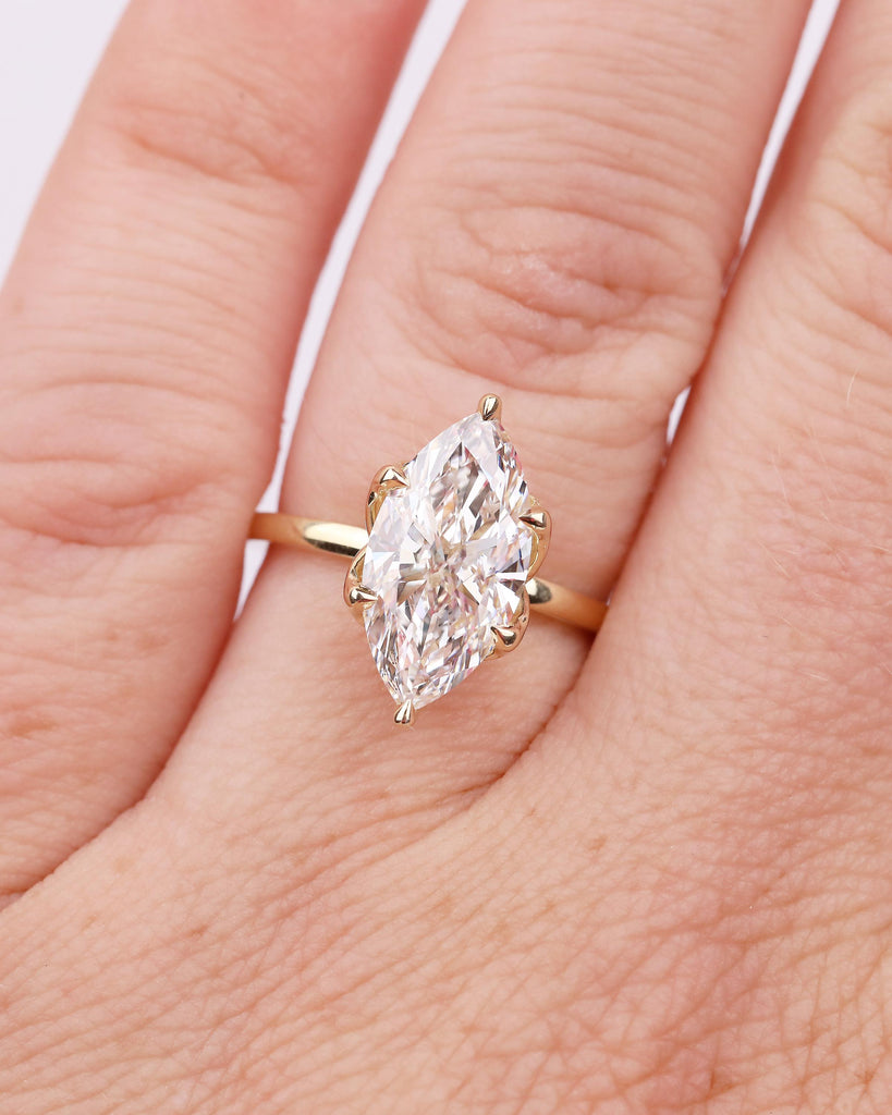 14k Yellow Gold Solitaire Engagement Ring, Dainty Lab Grown Diamond Marquise Ring, Basket Setting Tulip Rings, Nature Jewelry, Promise Ring image #16