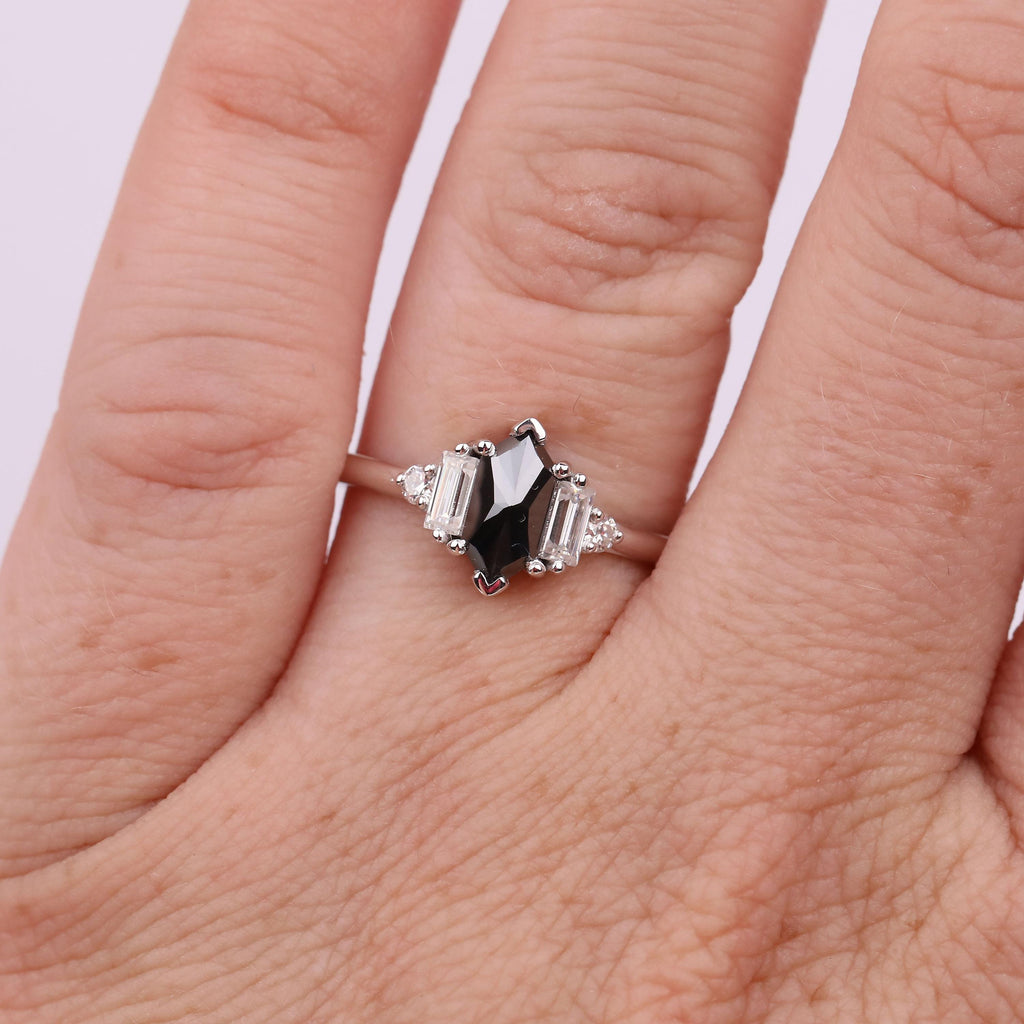 Dutch Marquise Moissanite Promise Ring for Her | Black Gemstone Engagement Ring | 14K White Gold Five Stone Wedding Anniversary Ring image #1