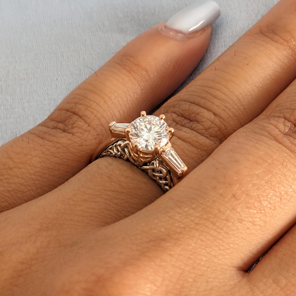 14k Rose Gold Vintage Diamond Engagement Ring | Round Lab Created Diamond Three Stone Ring | Art Deco Anniversary Gift for Her image #2