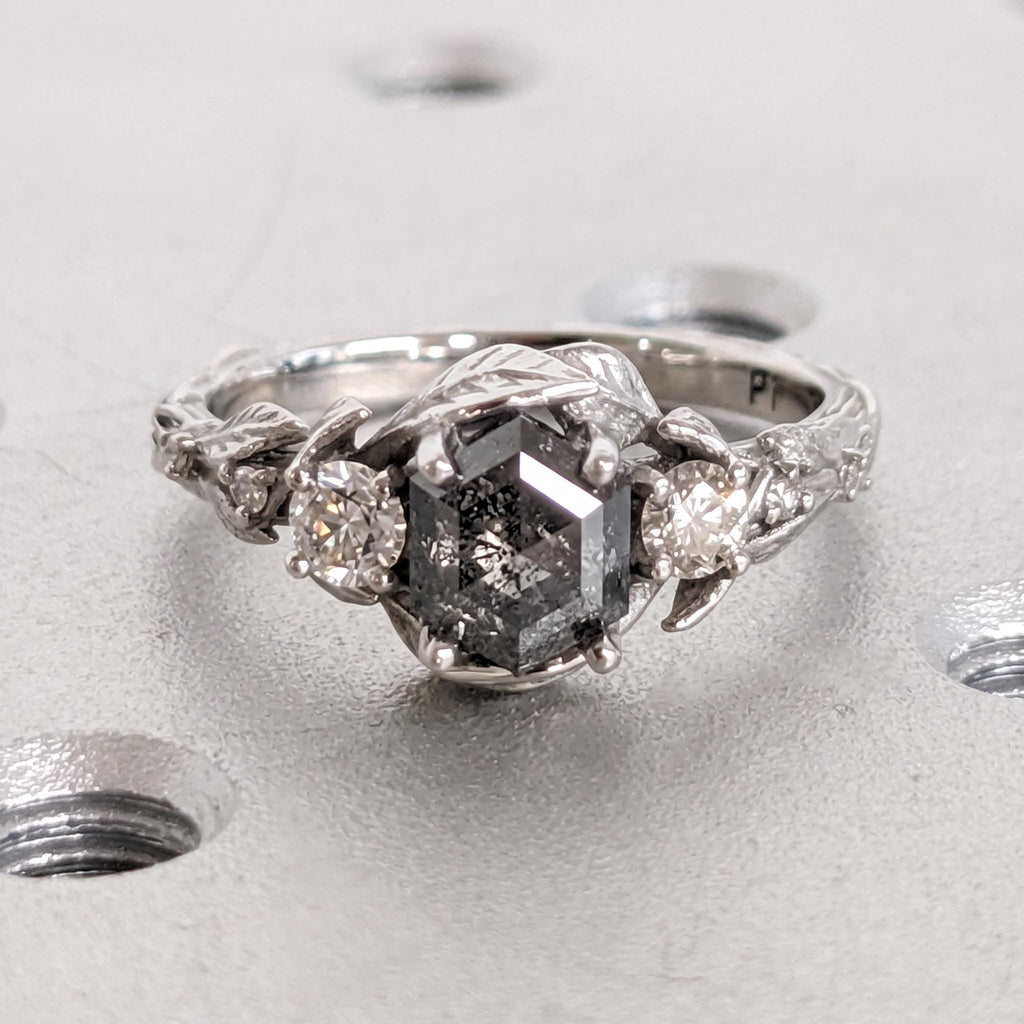 Salt and Pepper Diamond Platinum Engagement Ring | Unique Leaf Ring | Nature Inspired Women Jewelry