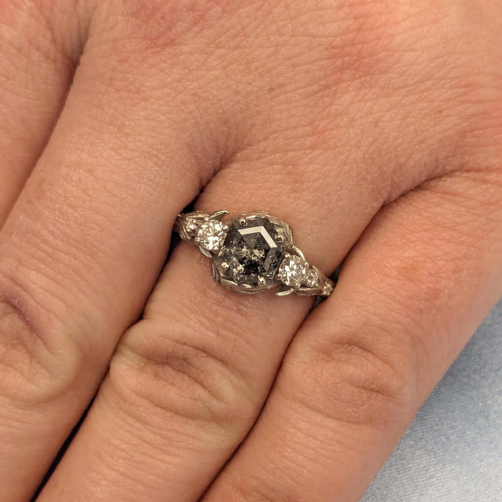 Salt and Pepper Diamond Platinum Engagement Ring | Unique Leaf Ring | Nature Inspired Women Jewelry image #2
