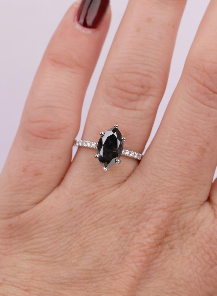 Raw Salt and Pepper Diamond Marquise cut Black and White Solid Gold Diamond Natural Diamond Wedding Ring, Six Prong Setting, Pave Side Stone image #2