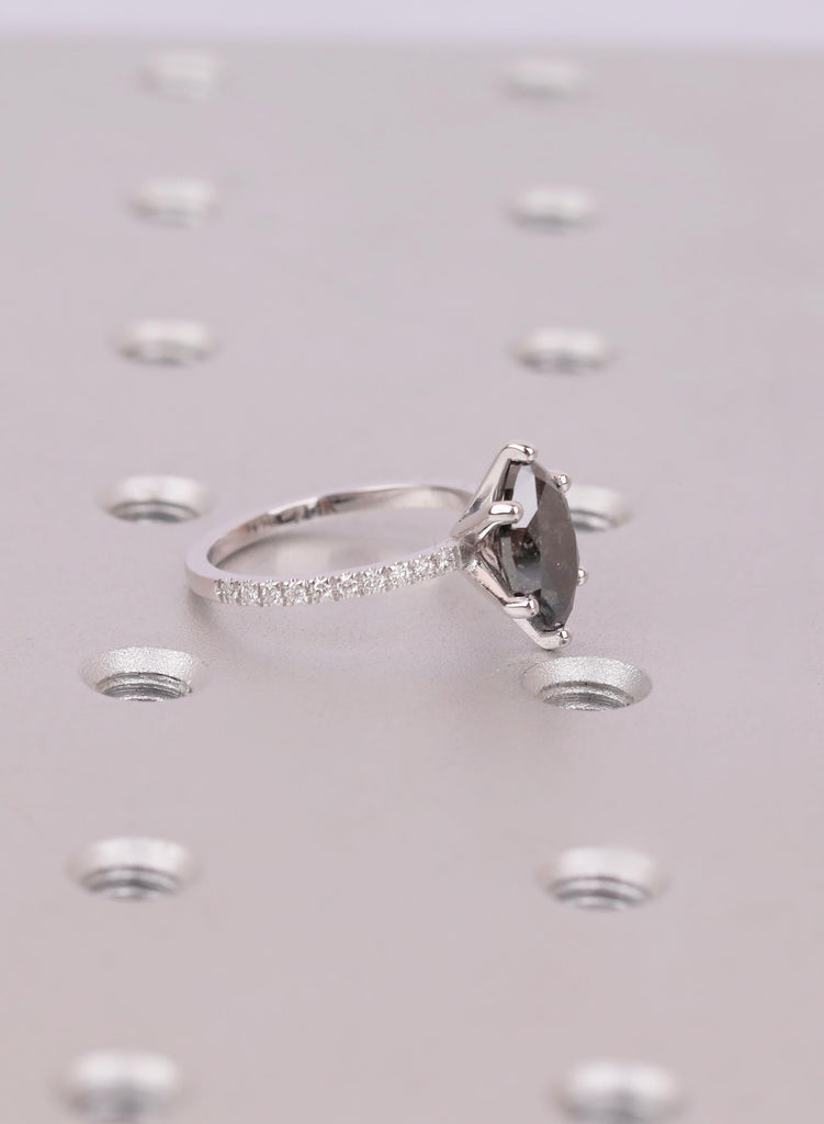 Raw Salt and Pepper Diamond Marquise cut Black and White Solid Gold Diamond Natural Diamond Wedding Ring, Six Prong Setting, Pave Side Stone image #3