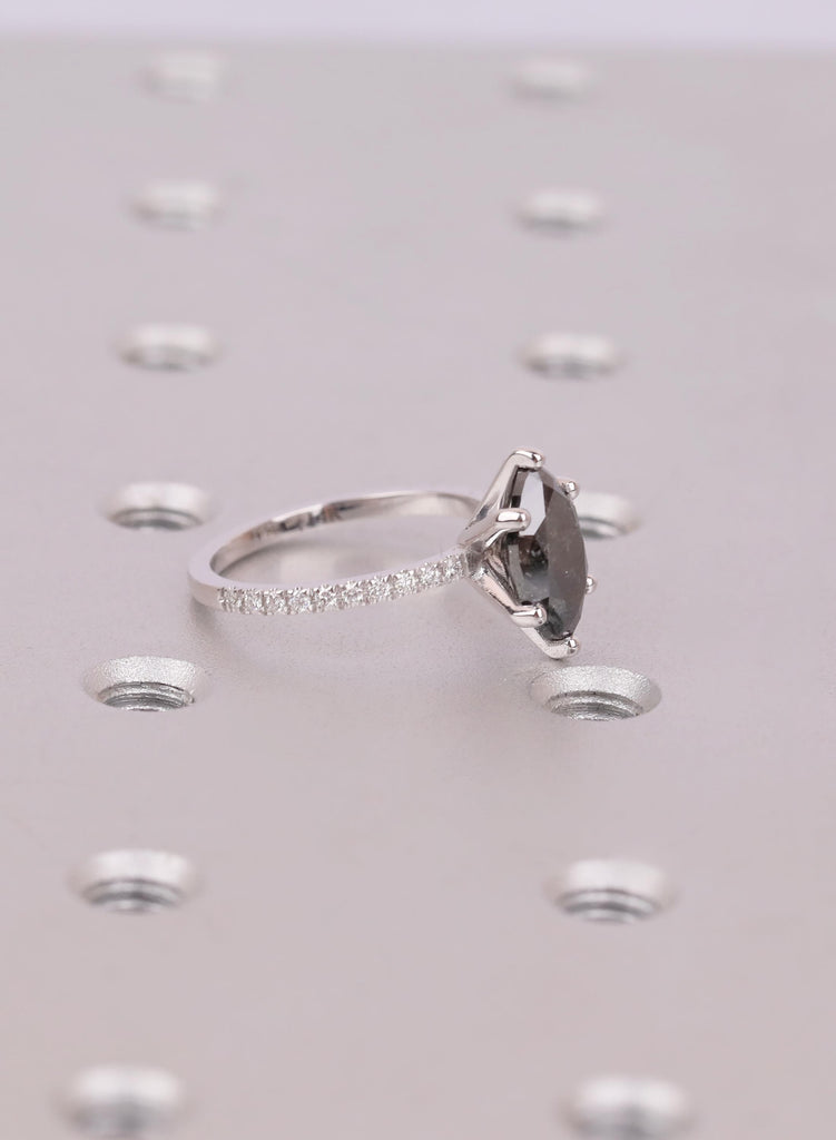 Marquise Salt and Pepper Diamond Ring, Six Prong Setting, Pave Side Stones, 14k/18k Solid Gold image #4