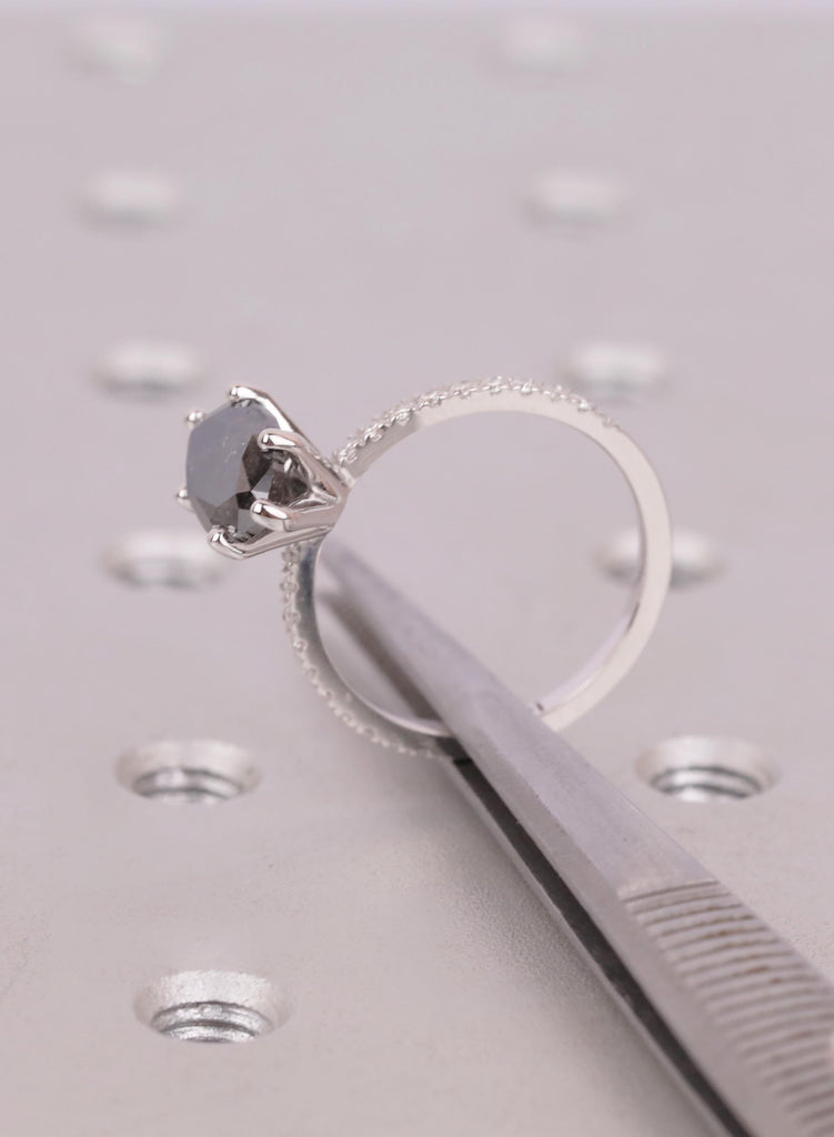 Raw Salt and Pepper Diamond Marquise cut Black and White Solid Gold Diamond Natural Diamond Wedding Ring, Six Prong Setting, Pave Side Stone image #9