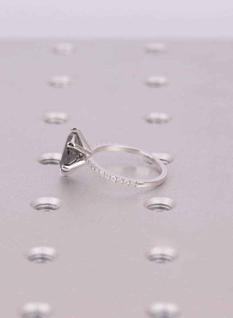 Raw Salt and Pepper Diamond Marquise cut Black and White Solid Gold Diamond Natural Diamond Wedding Ring, Six Prong Setting, Pave Side Stone image #6
