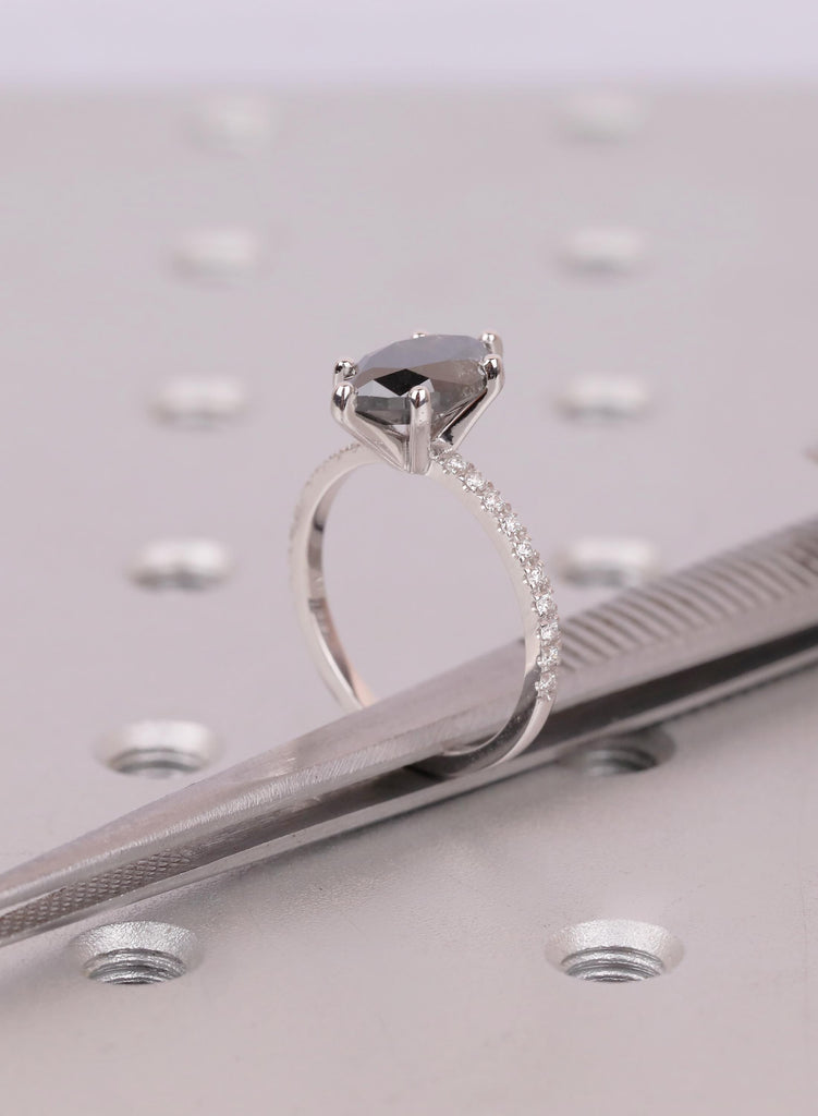 Raw Salt and Pepper Diamond Marquise cut Black and White Solid Gold Diamond Natural Diamond Wedding Ring, Six Prong Setting, Pave Side Stone image #15